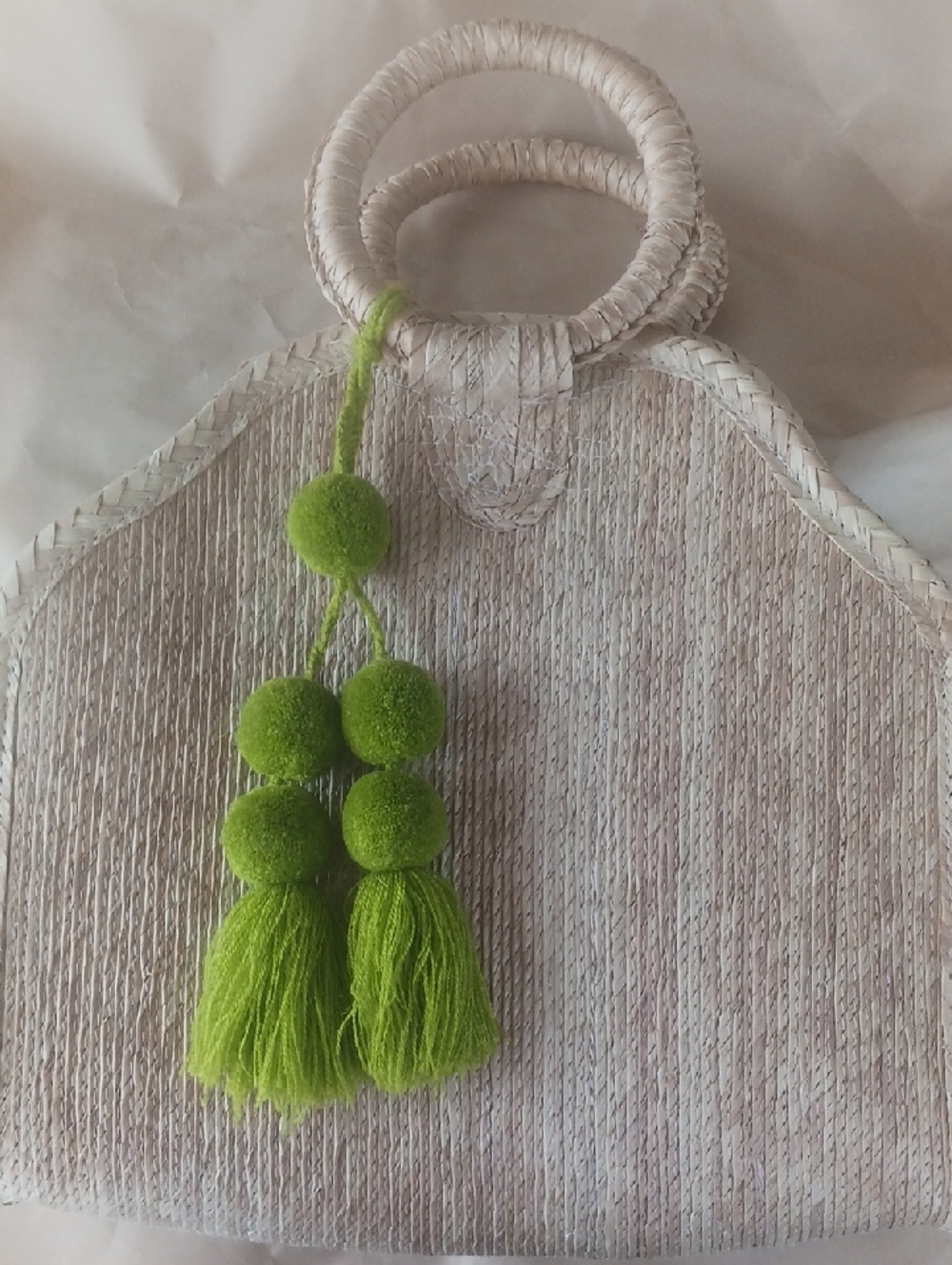 Handmade Woven Summer Bag, Tote, Straw Bag with Green Pom Pom Charm NWOT
